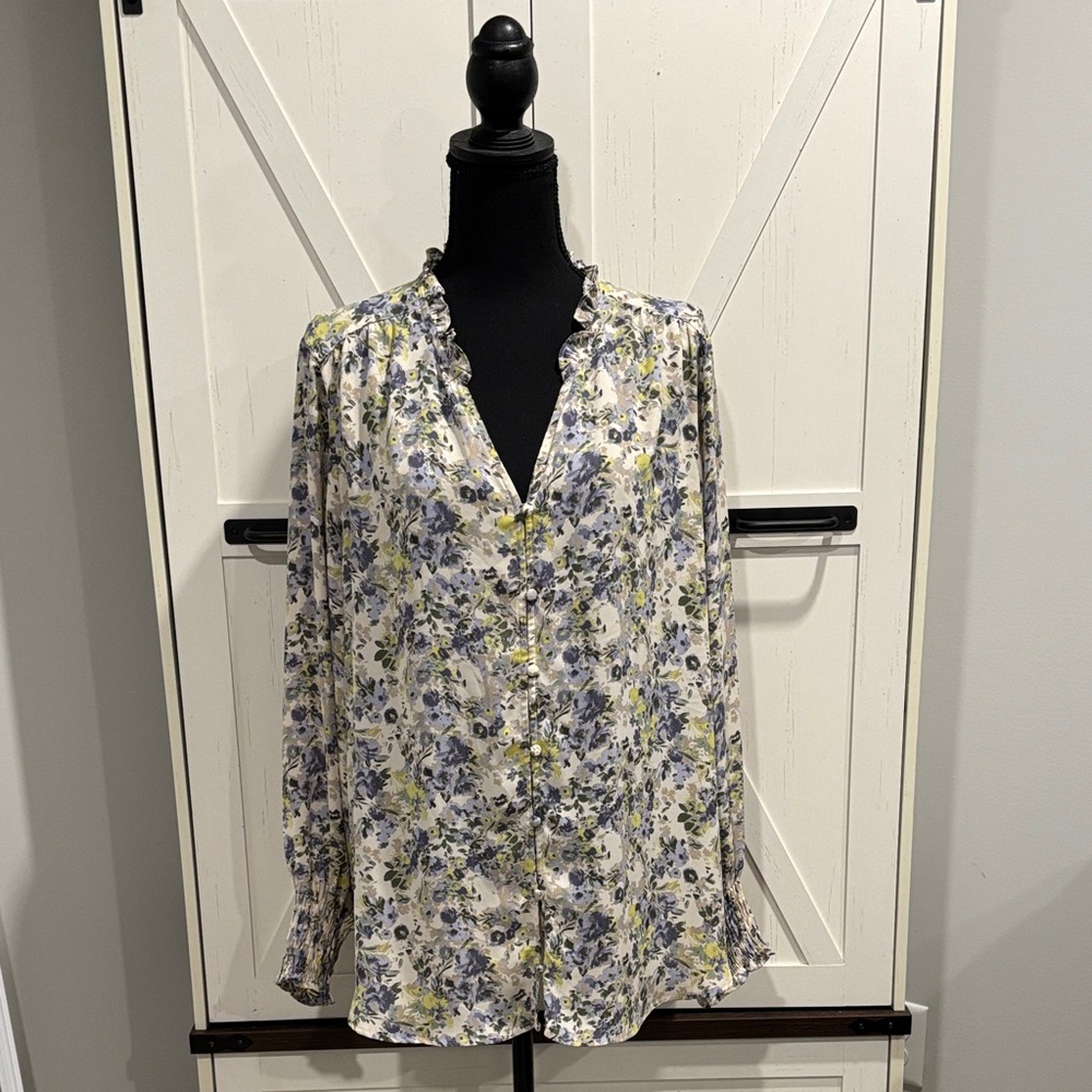 Maurices Floral Blouse in Cream, Blue, and Yellow - Picture 1 of 8
